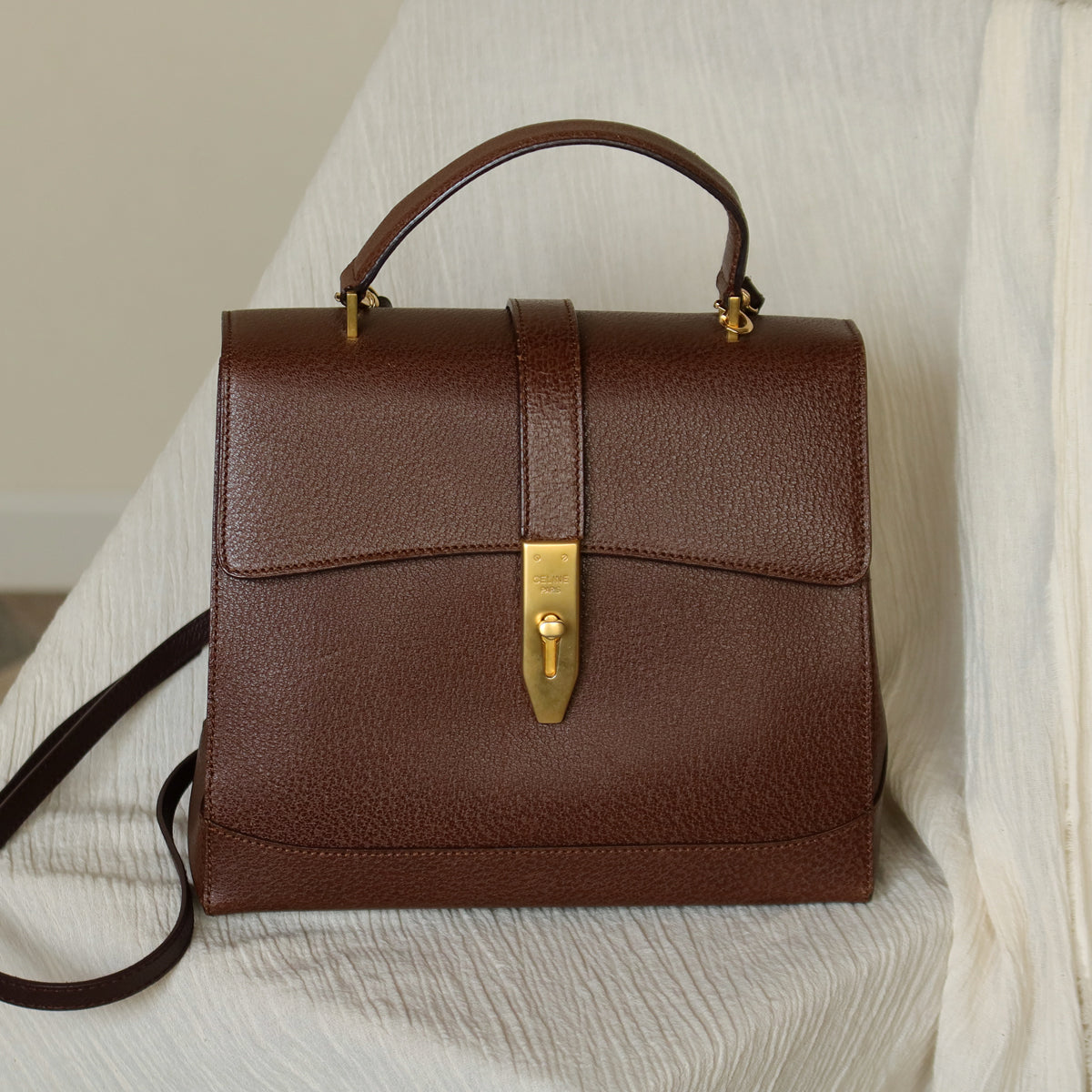 Rare Celine Vintage Dark Brown Gold Turn lock Top Handle Shoulder Flap Bag