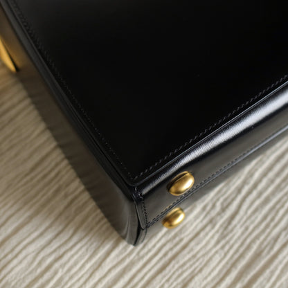 Celine Vintage Classic Black Box Calf Leather Gold Bow Shoulder Flap Bag