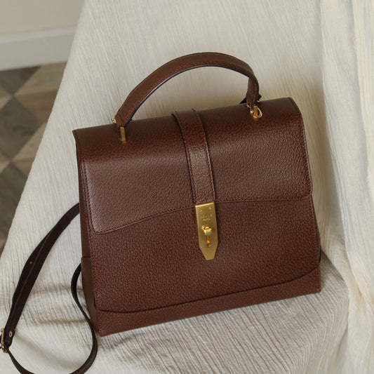 Rare Celine Vintage Dark Brown Gold Turn lock Top Handle Shoulder Flap Bag