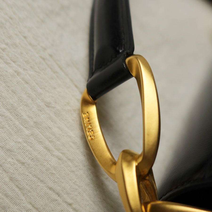 Celine Vintage Classic Black Box Calf Leather Gold Bow Shoulder Flap Bag