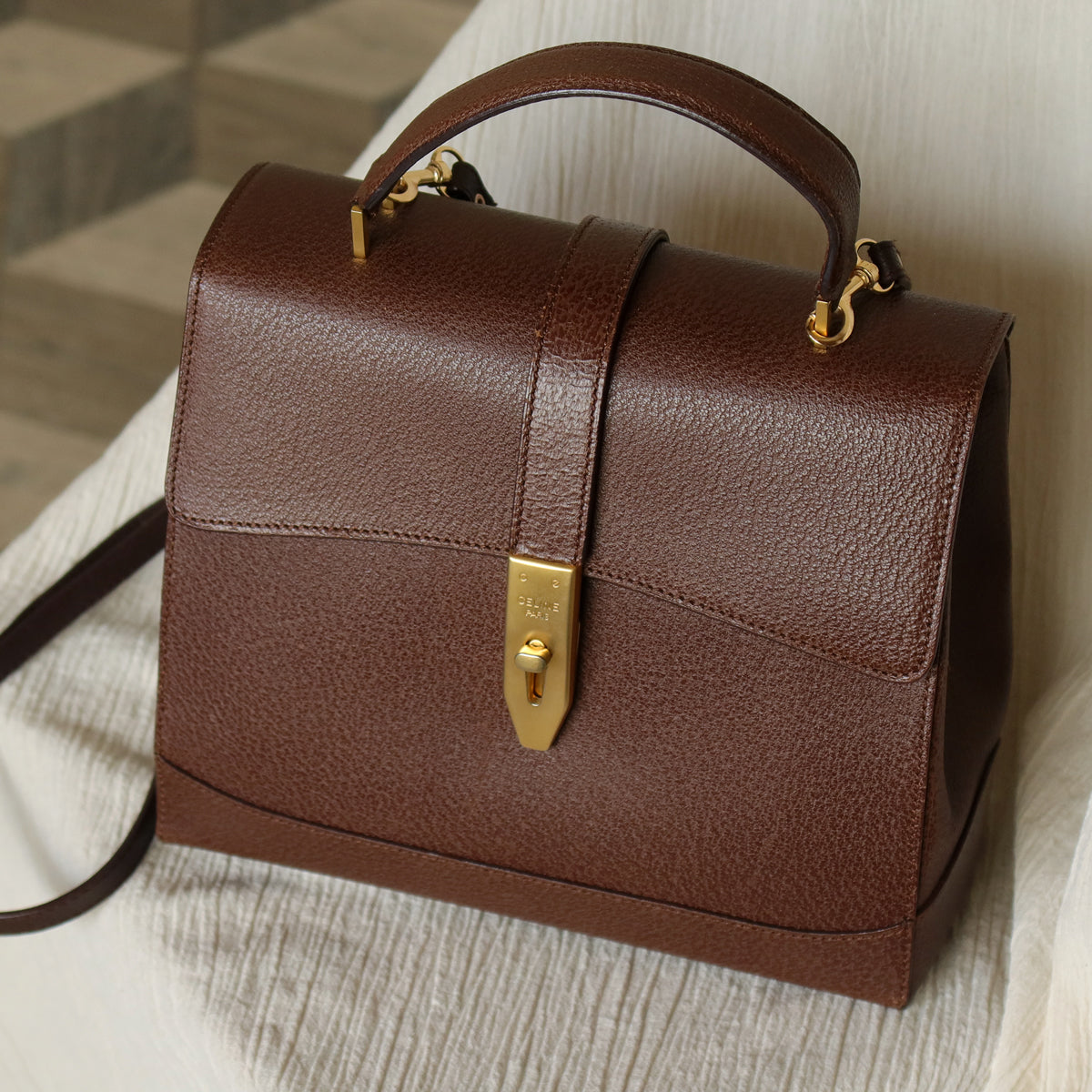Rare Celine Vintage Dark Brown Gold Turn lock Top Handle Shoulder Flap Bag