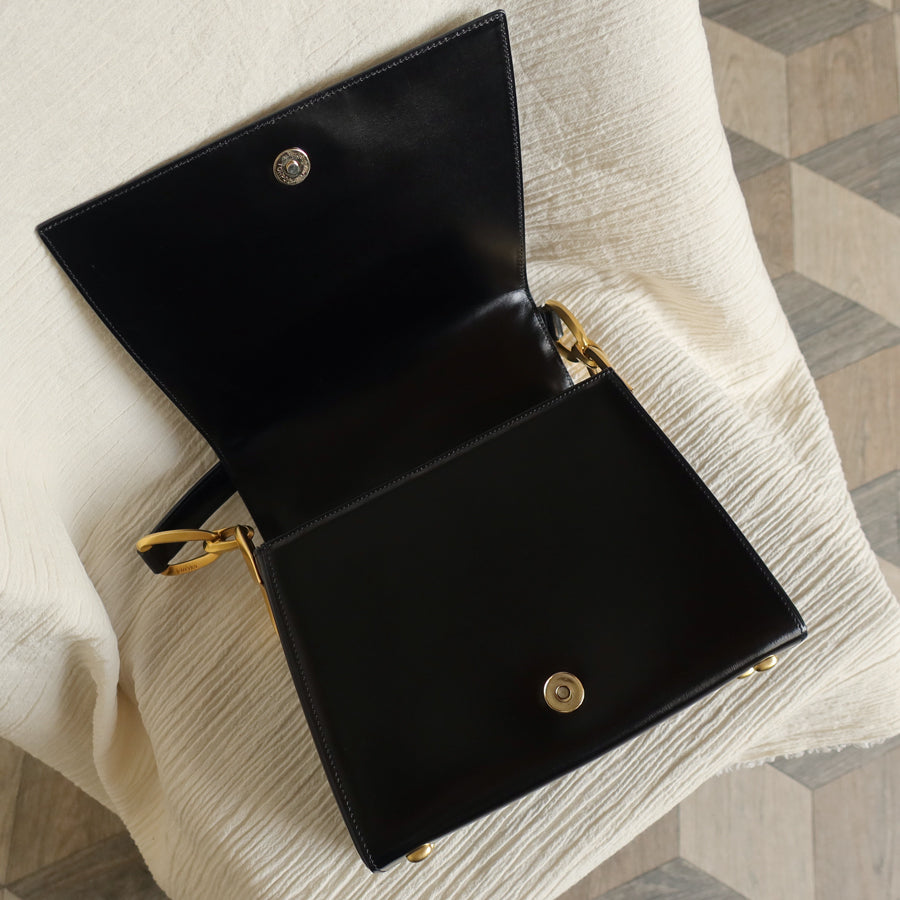 Celine Vintage Classic Black Box Calf Leather Gold Bow Shoulder Flap Bag