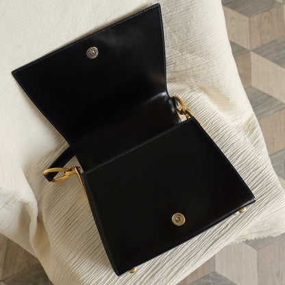 Celine Vintage Classic Black Box Calf Leather Gold Bow Shoulder Flap Bag