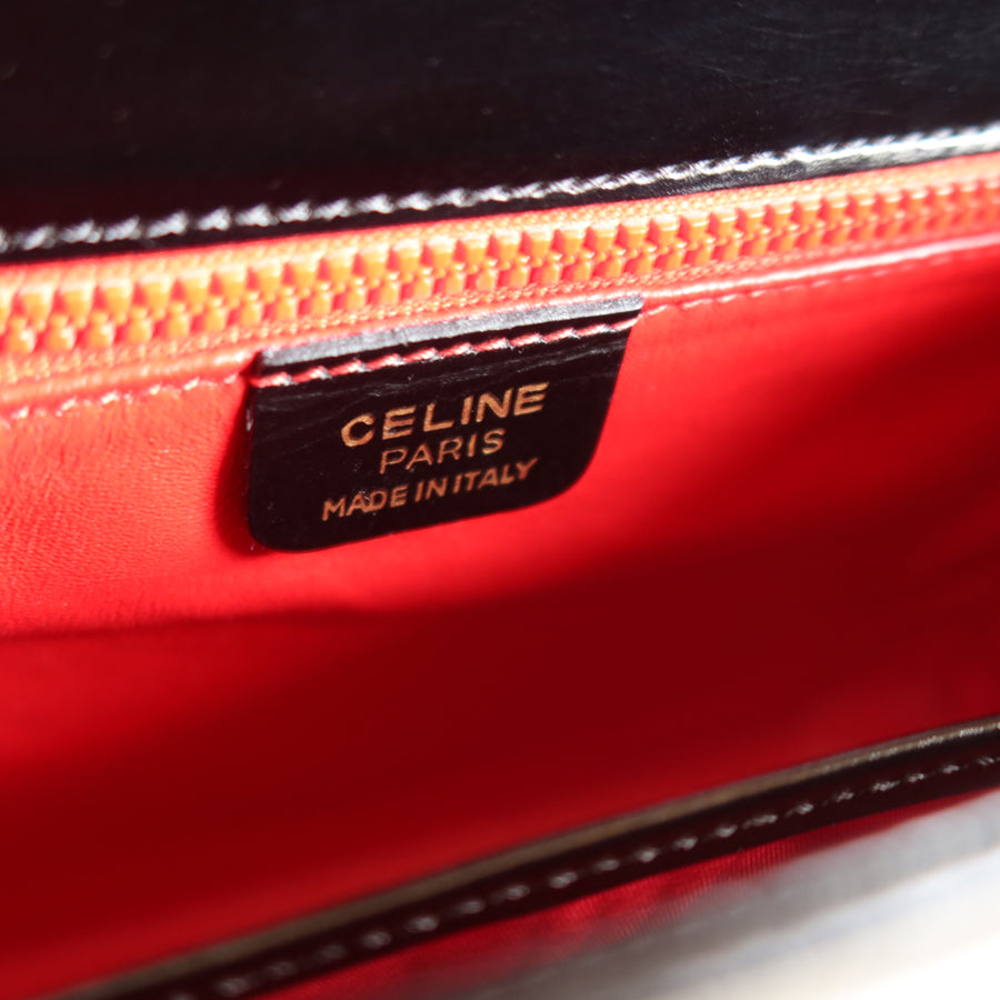 Celine Vintage Classic Black Box Calf Leather Gold Bow Shoulder Flap Bag