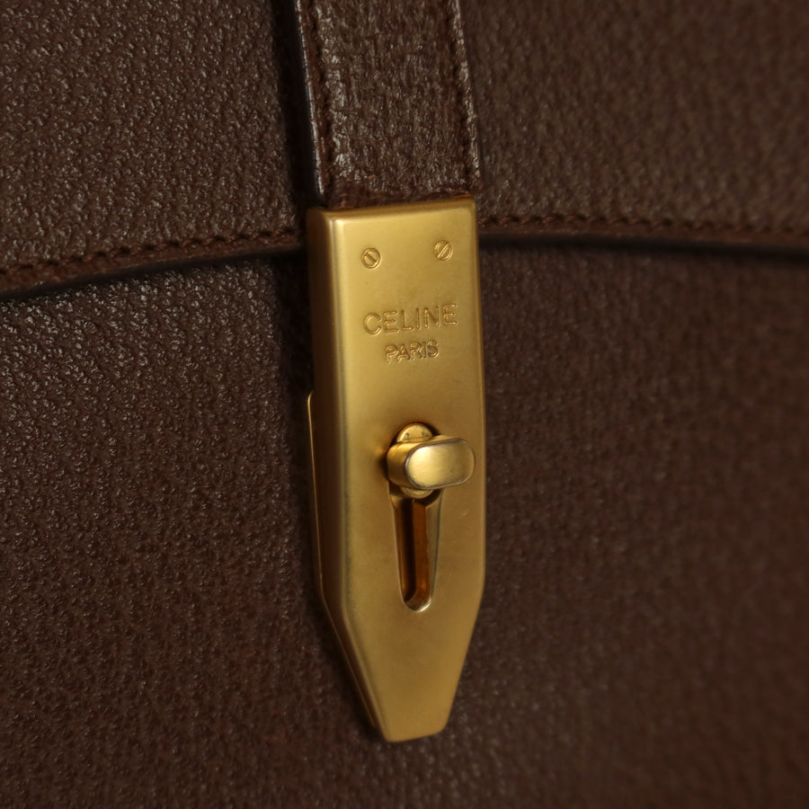 Rare Celine Vintage Dark Brown Gold Turn lock Top Handle Shoulder Flap Bag