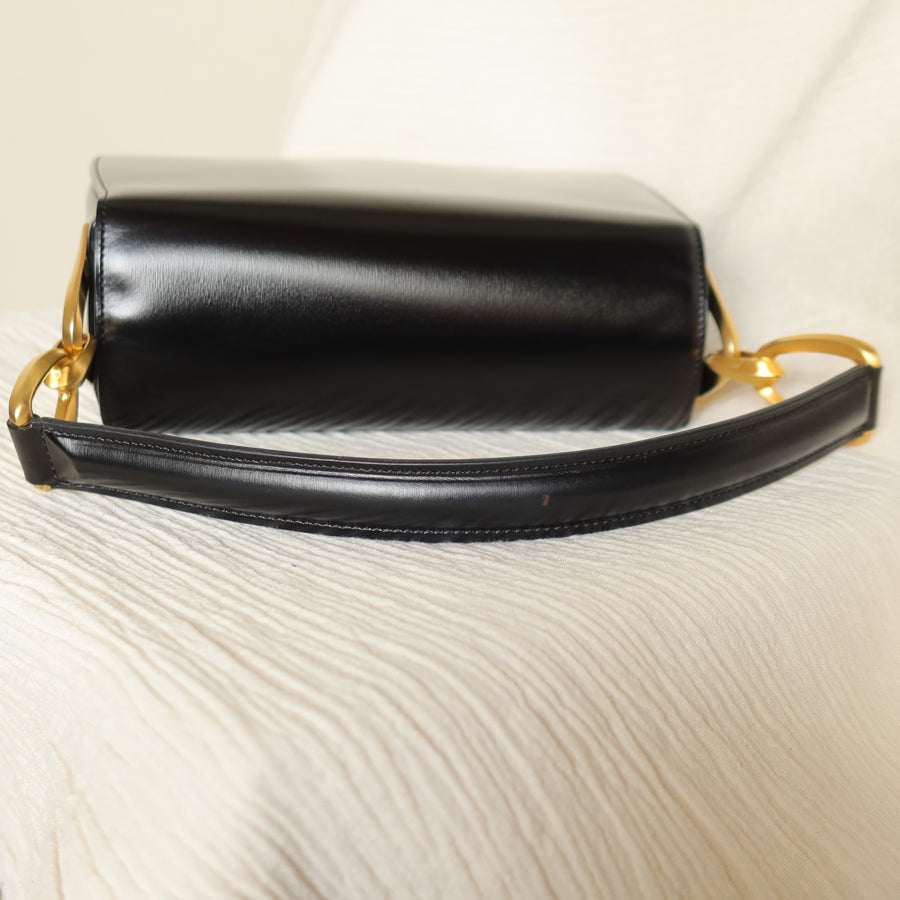 Celine Vintage Classic Black Box Calf Leather Gold Bow Shoulder Flap Bag