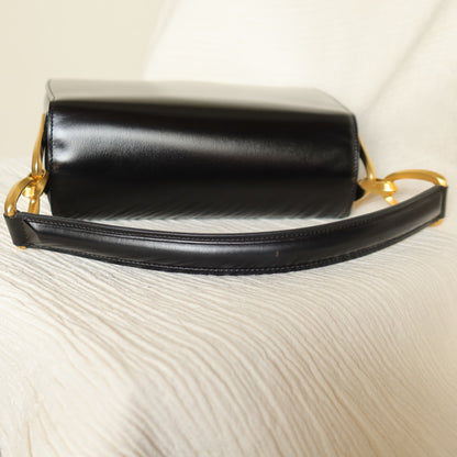 Celine Vintage Classic Black Box Calf Leather Gold Bow Shoulder Flap Bag