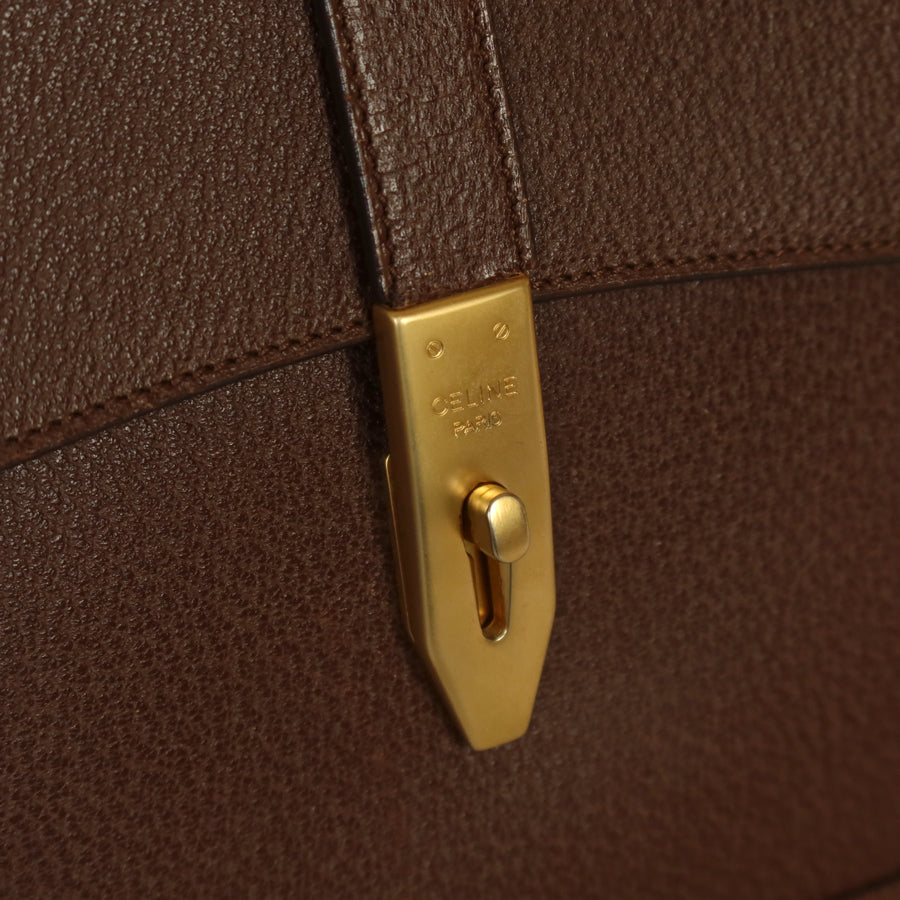 Rare Celine Vintage Dark Brown Gold Turn lock Top Handle Shoulder Flap Bag