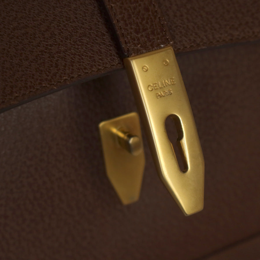 Rare Celine Vintage Dark Brown Gold Turn lock Top Handle Shoulder Flap Bag