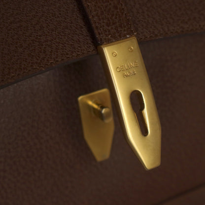 Rare Celine Vintage Dark Brown Gold Turn lock Top Handle Shoulder Flap Bag