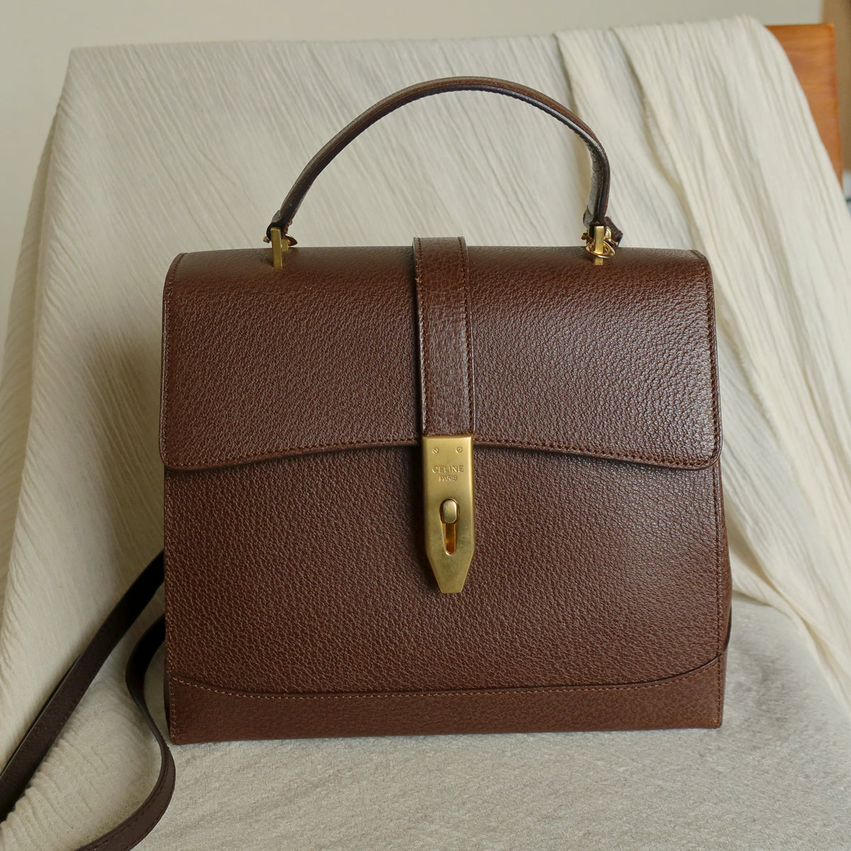 Rare Celine Vintage Dark Brown Gold Turn lock Top Handle Shoulder Flap Bag