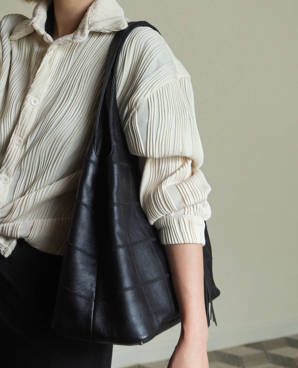 Chanel Vintage Black Square Stitching CC Tassel Hobo Tote Bag