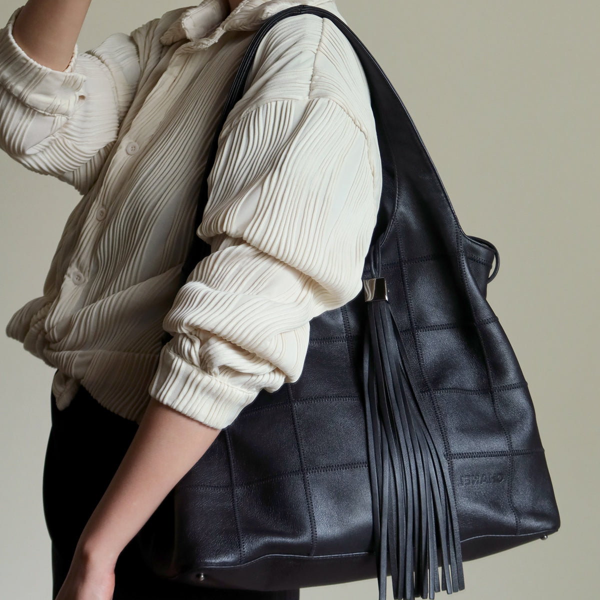 Chanel Vintage Black Square Stitching CC Tassel Hobo Tote Bag