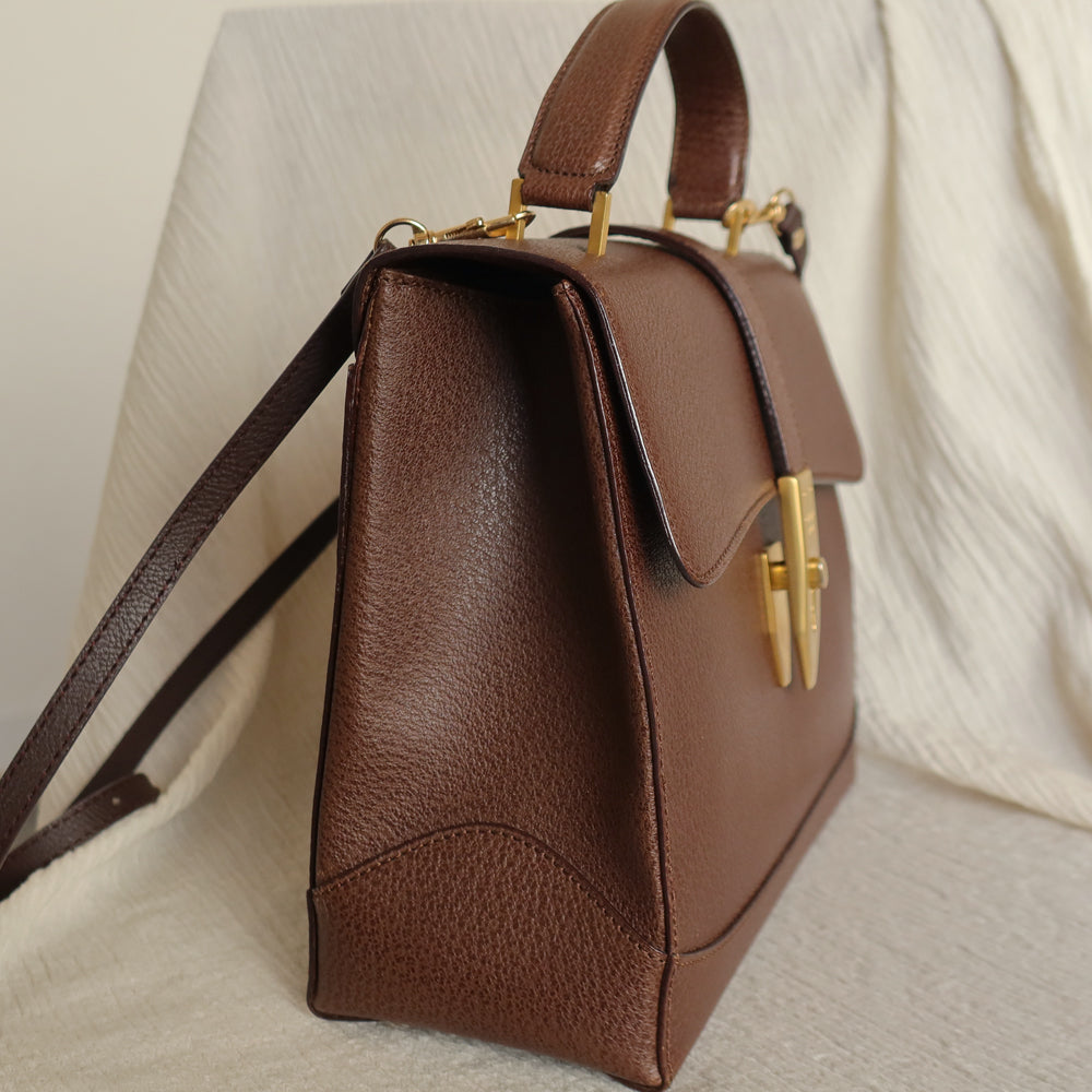 Rare Celine Vintage Dark Brown Gold Turn lock Top Handle Shoulder Flap Bag