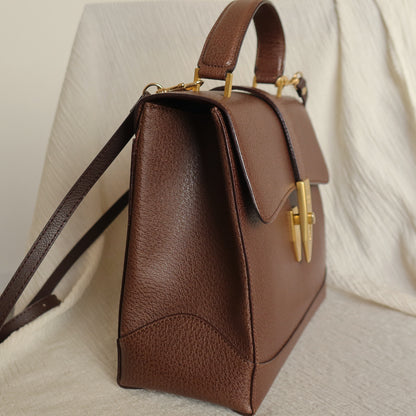 Rare Celine Vintage Dark Brown Gold Turn lock Top Handle Shoulder Flap Bag