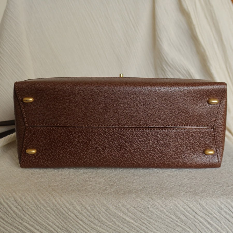Rare Celine Vintage Dark Brown Gold Turn lock Top Handle Shoulder Flap Bag