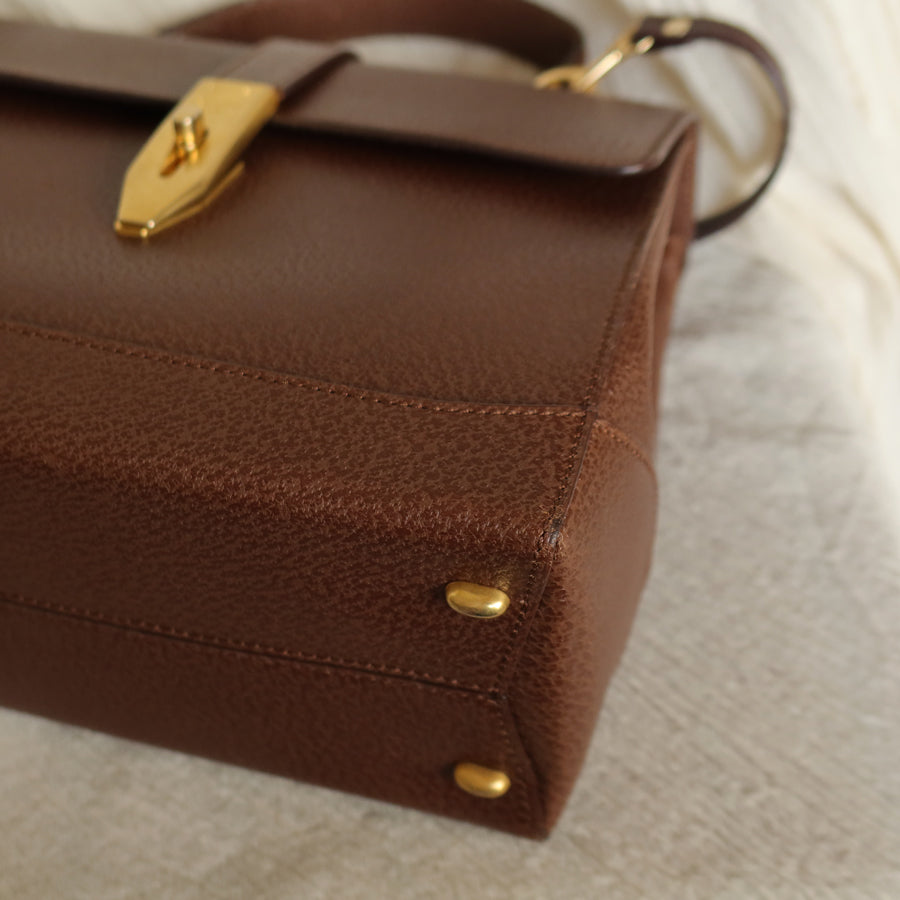 Rare Celine Vintage Dark Brown Gold Turn lock Top Handle Shoulder Flap Bag