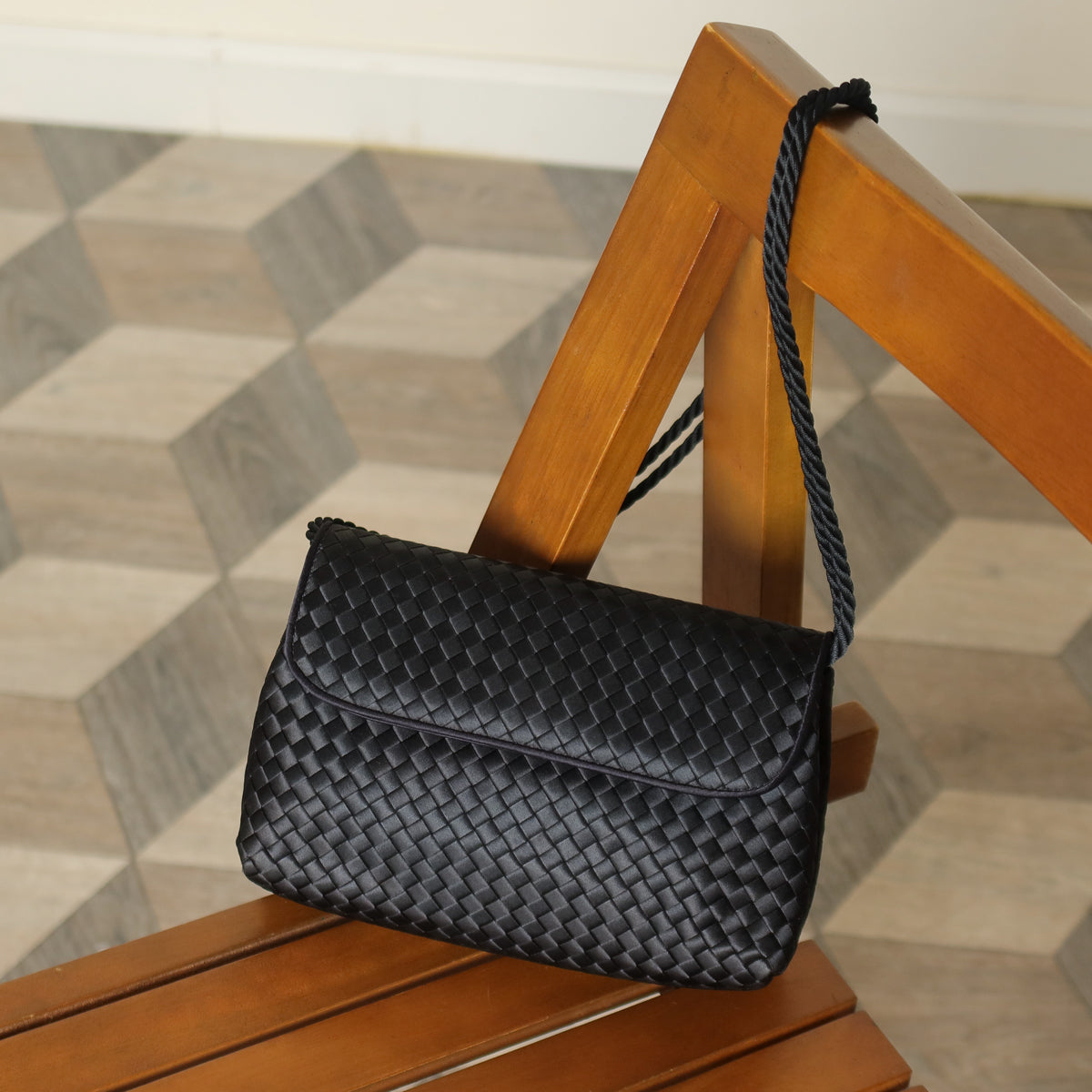 Bottega Veneta Vintage Black Satin Intrecciato Knot Rope Strap 3 way Shoulder Bag