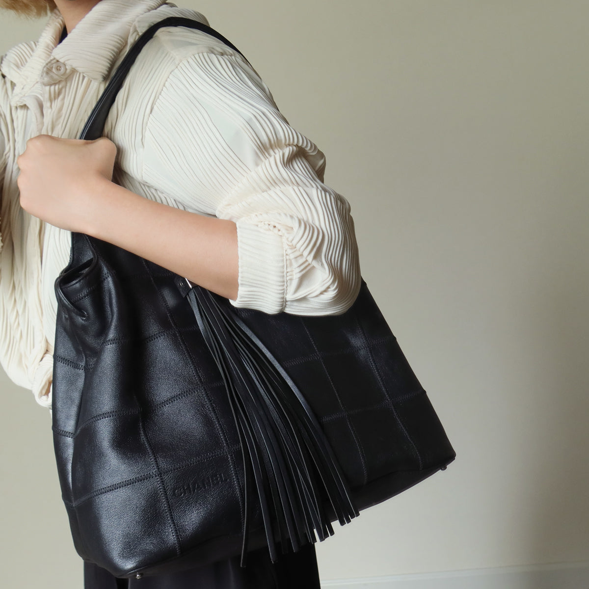 Chanel Vintage Black Square Stitching CC Tassel Hobo Tote Bag
