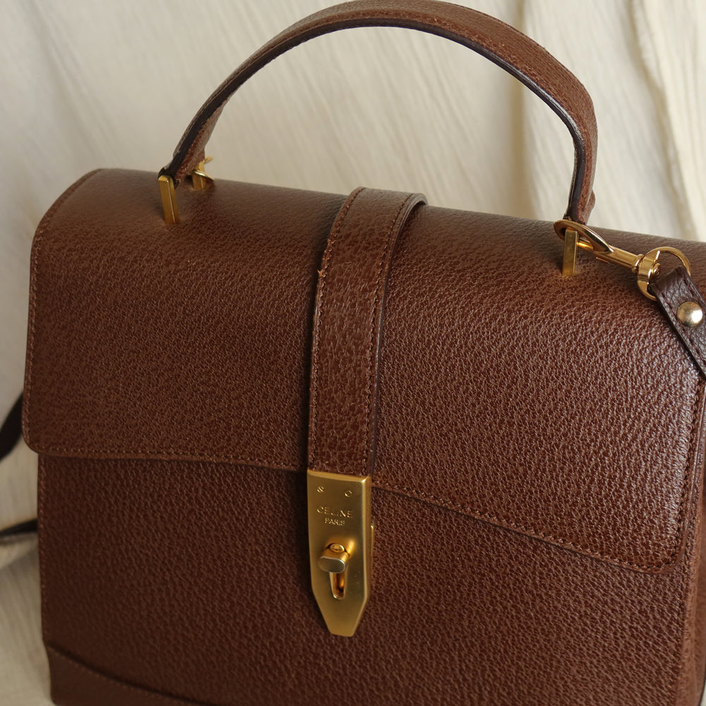 Rare Celine Vintage Dark Brown Gold Turn lock Top Handle Shoulder Flap Bag