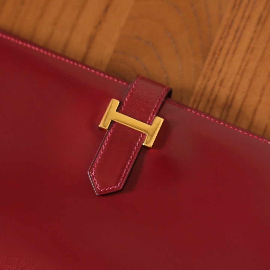 Hermès Vintage 80s Bearn Box Calf leather Bi-fold Long wallet in Bordeaux Rouge