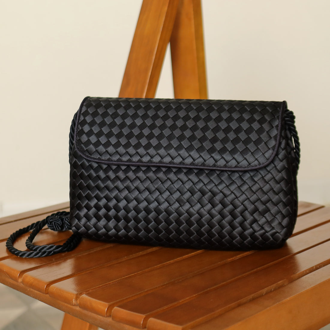 Bottega Veneta Vintage Black Satin Intrecciato Knot Rope Strap 3 way Shoulder Bag