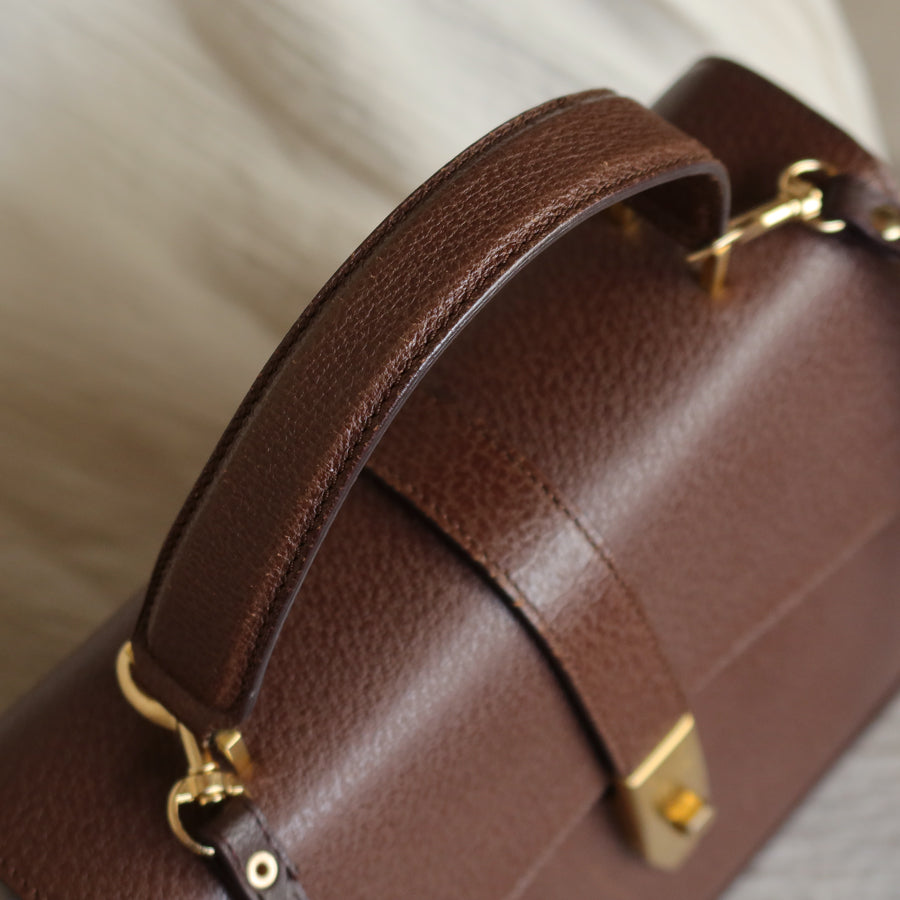 Rare Celine Vintage Dark Brown Gold Turn lock Top Handle Shoulder Flap Bag
