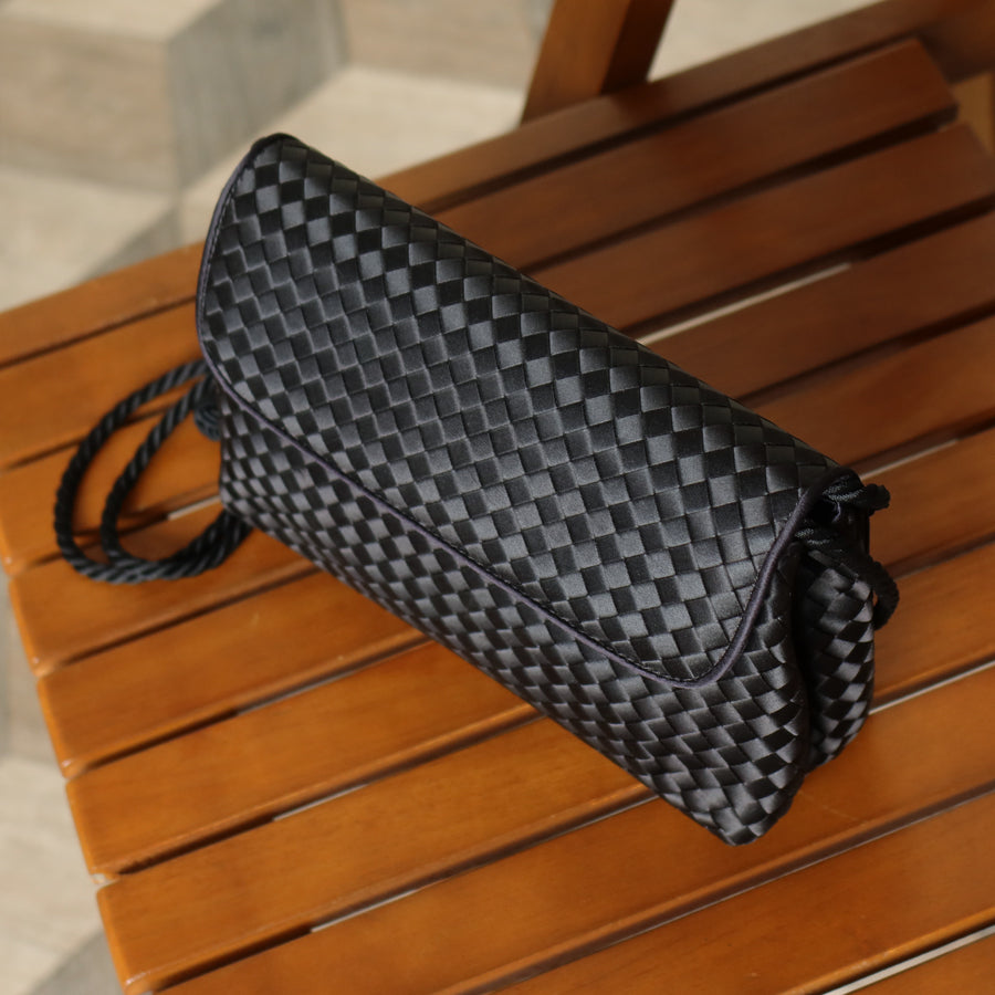 Bottega Veneta Vintage Black Satin Intrecciato Knot Rope Strap 3 way Shoulder Bag