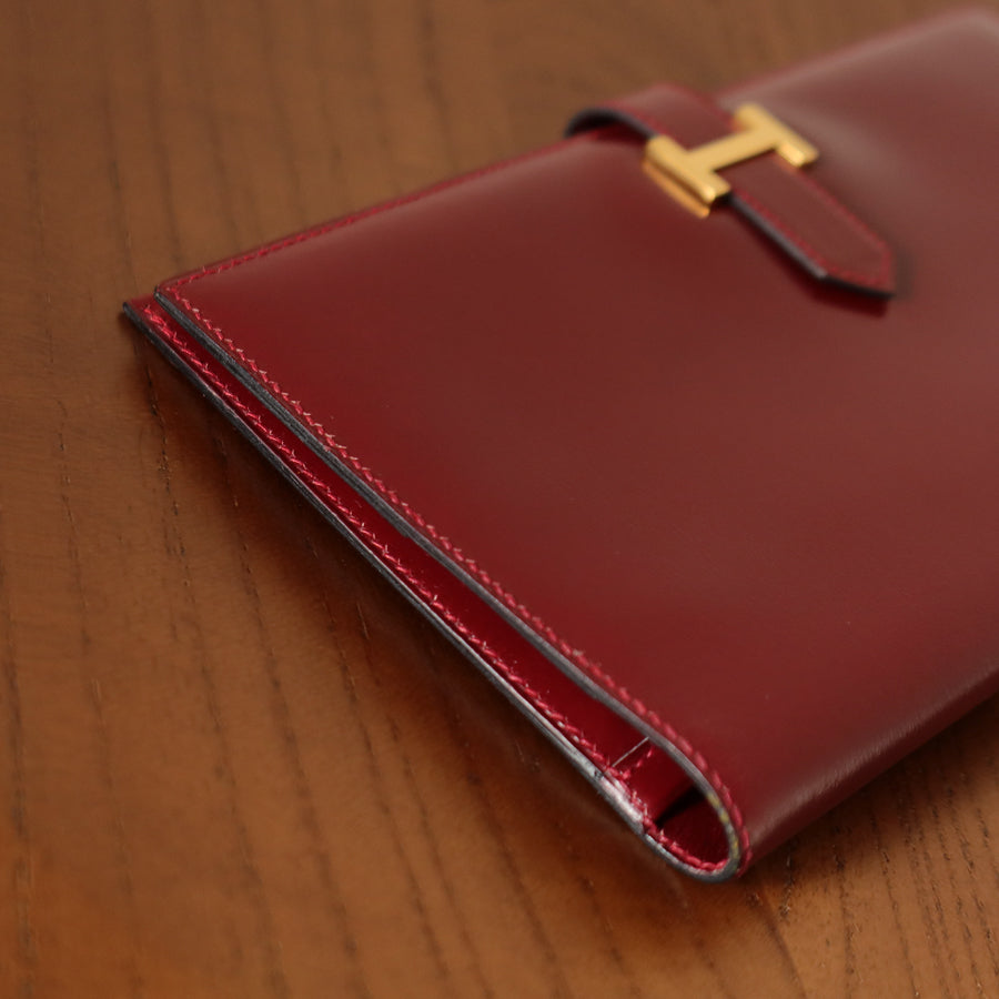 Hermès Vintage 80s Bearn Box Calf leather Bi-fold Long wallet in Bordeaux Rouge