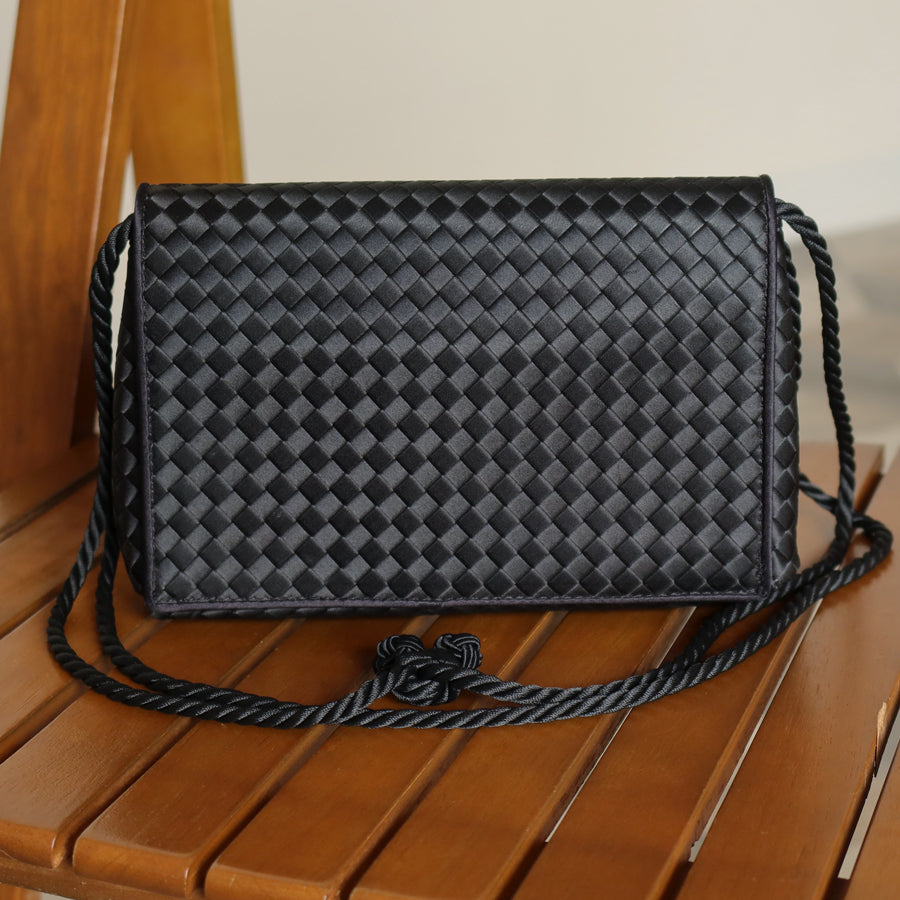 Bottega Veneta Vintage Black Satin Intrecciato Knot Rope Strap 3 way Shoulder Bag