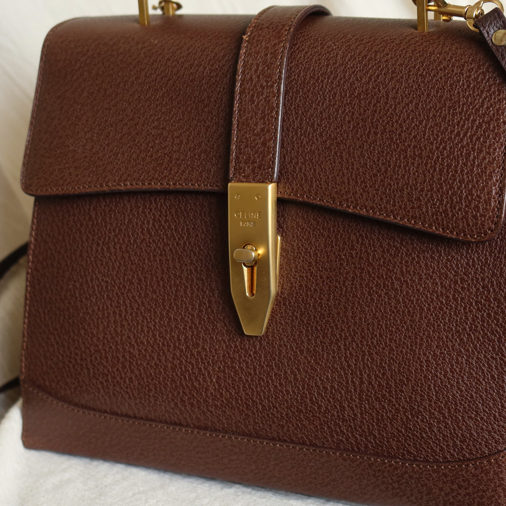 Rare Celine Vintage Dark Brown Gold Turn lock Top Handle Shoulder Flap Bag