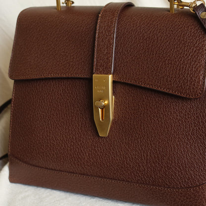 Rare Celine Vintage Dark Brown Gold Turn lock Top Handle Shoulder Flap Bag