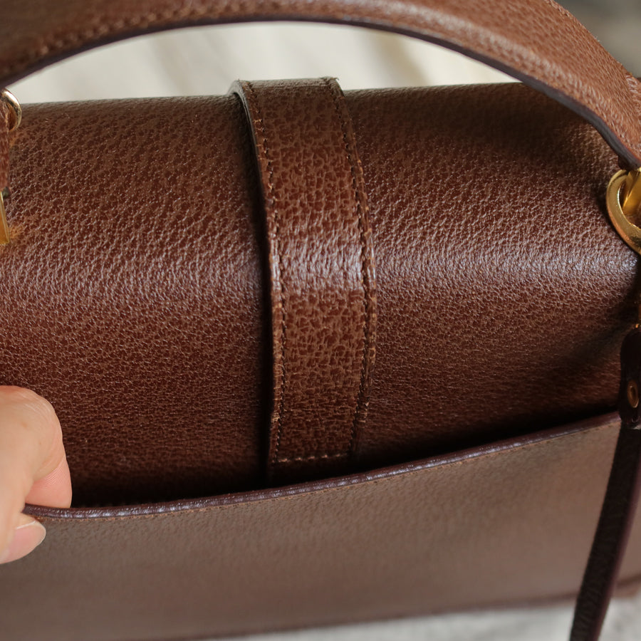 Rare Celine Vintage Dark Brown Gold Turn lock Top Handle Shoulder Flap Bag