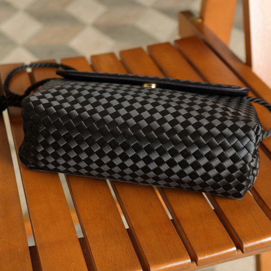 Bottega Veneta Vintage Black Satin Intrecciato Knot Rope Strap 3 way Shoulder Bag
