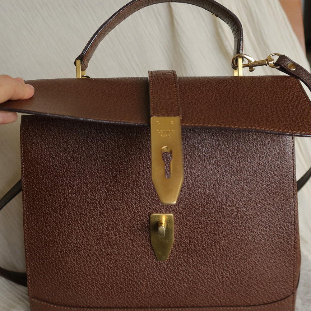Rare Celine Vintage Dark Brown Gold Turn lock Top Handle Shoulder Flap Bag
