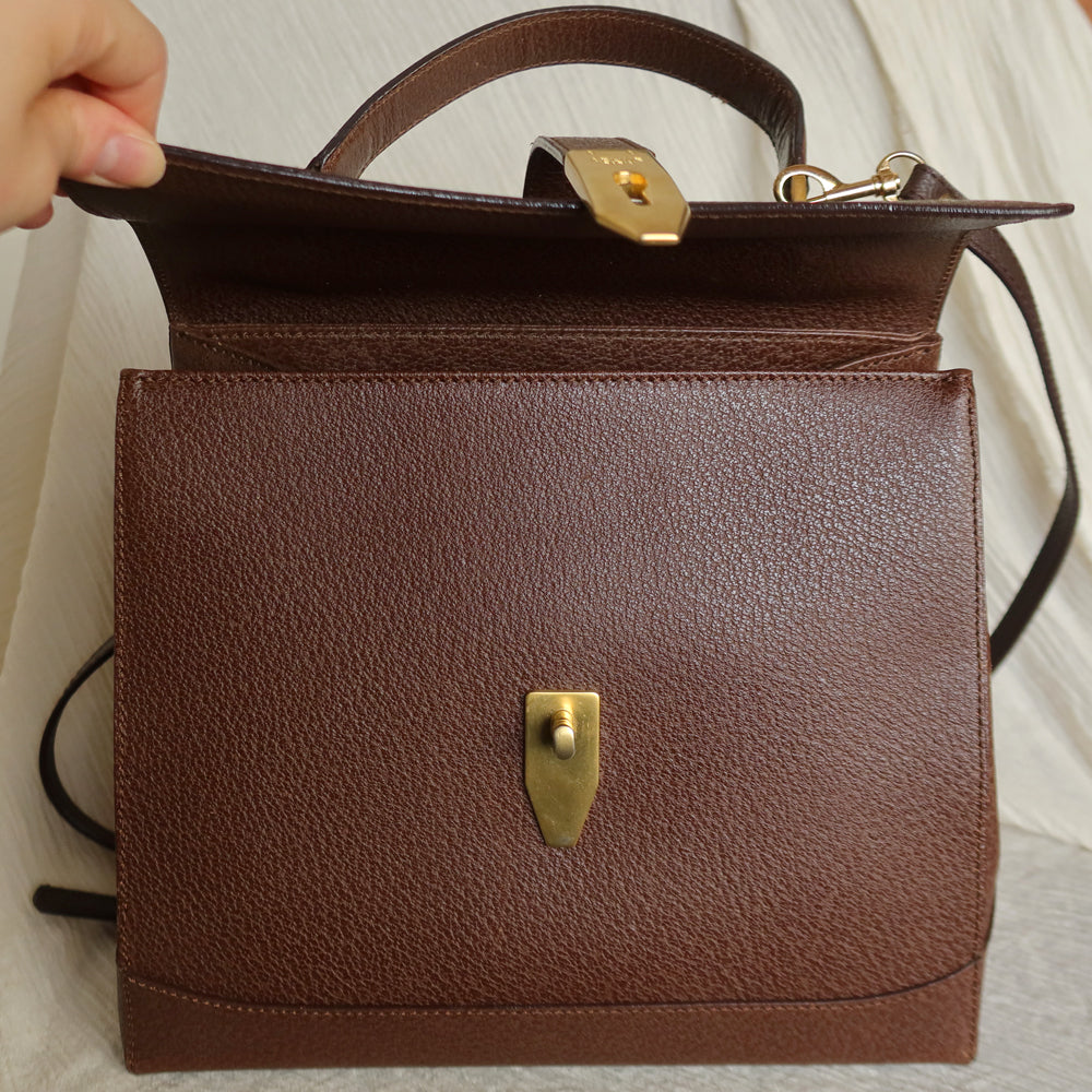 Rare Celine Vintage Dark Brown Gold Turn lock Top Handle Shoulder Flap Bag