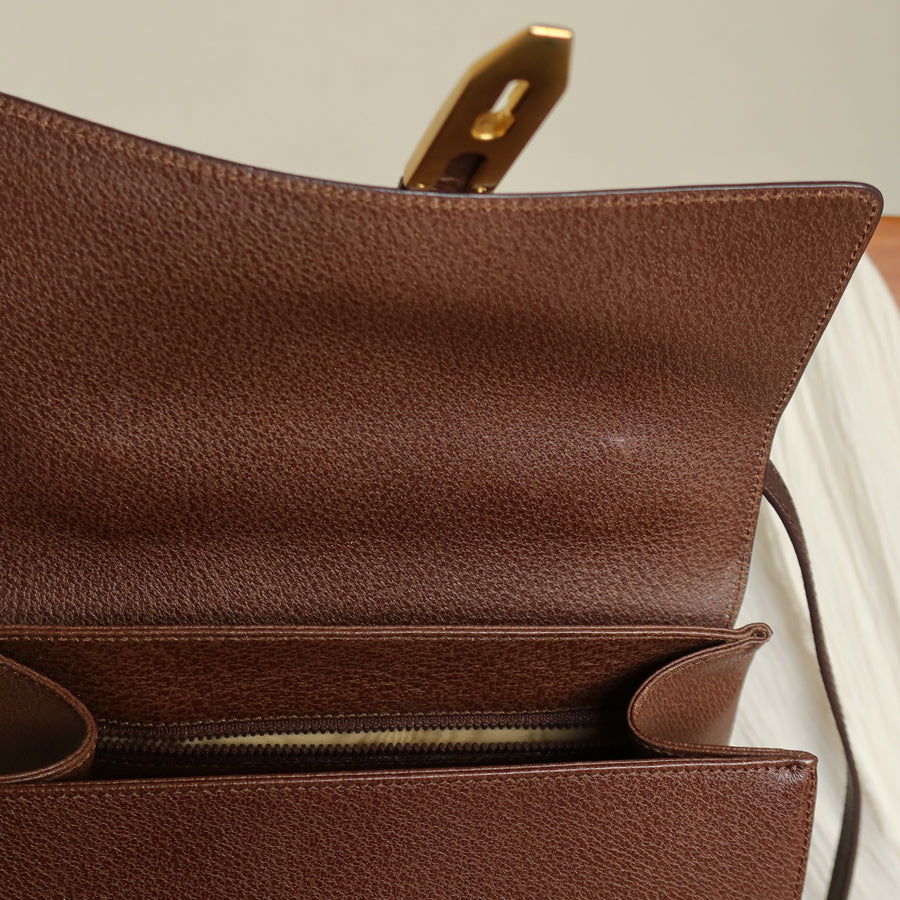 Rare Celine Vintage Dark Brown Gold Turn lock Top Handle Shoulder Flap Bag