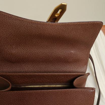 Rare Celine Vintage Dark Brown Gold Turn lock Top Handle Shoulder Flap Bag