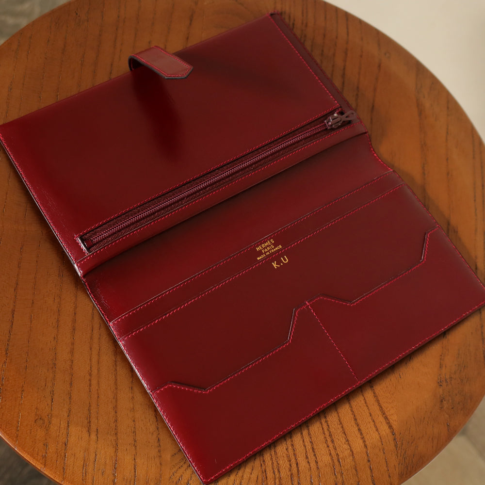 Hermès Vintage 80s Bearn Box Calf leather Bi-fold Long wallet in Bordeaux Rouge