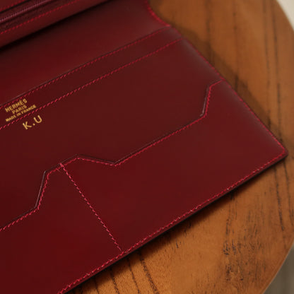 Hermès Vintage 80s Bearn Box Calf leather Bi-fold Long wallet in Bordeaux Rouge