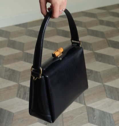 Gucci Vintage Black Leather Bamboo Clasp Turnlock 2 way Bag