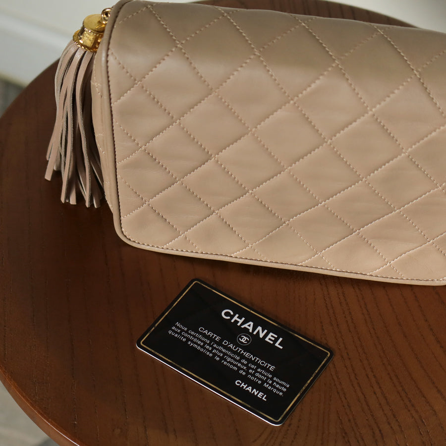 Chanel Vintage Matelasse Quilted Beige Lambskin Coco Fringe Flap Bag