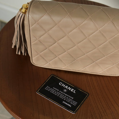 Chanel Vintage Matelasse Quilted Beige Lambskin Coco Fringe Flap Bag