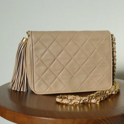 Chanel Vintage Matelasse Quilted Beige Lambskin Coco Fringe Flap Bag