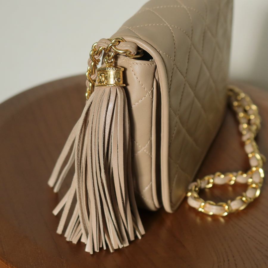 Chanel Vintage Matelasse Quilted Beige Lambskin Coco Fringe Flap Bag