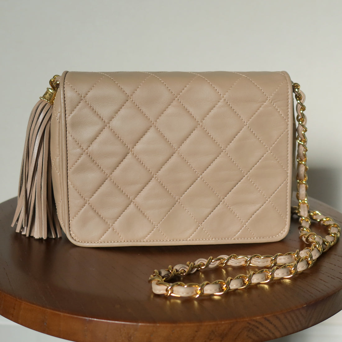 Chanel Vintage Matelasse Quilted Beige Lambskin Coco Fringe Flap Bag