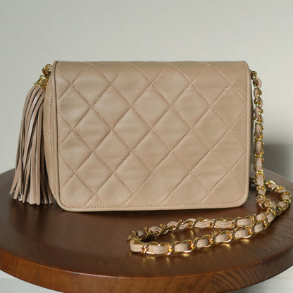 Chanel Vintage Matelasse Quilted Beige Lambskin Coco Fringe Flap Bag