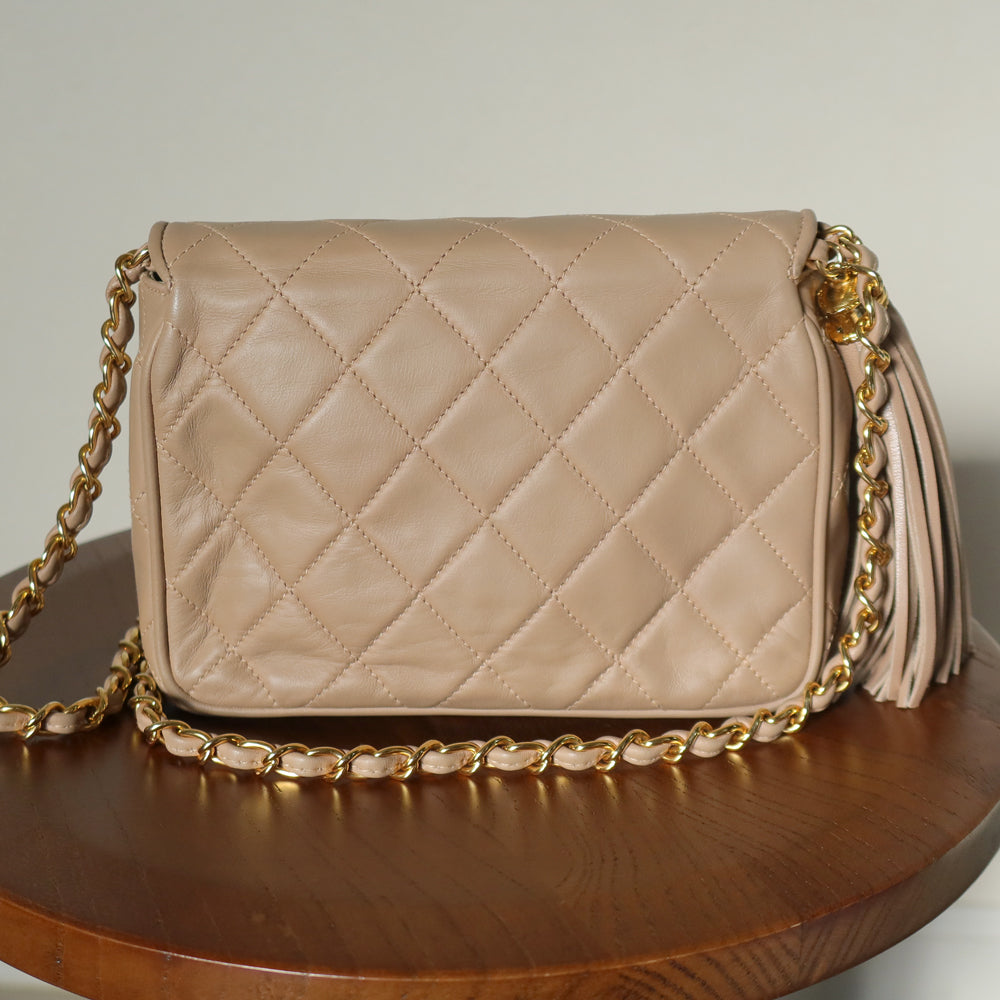 Chanel Vintage Matelasse Quilted Beige Lambskin Coco Fringe Flap Bag