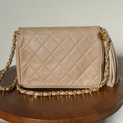 Chanel Vintage Matelasse Quilted Beige Lambskin Coco Fringe Flap Bag