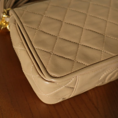 Chanel Vintage Matelasse Quilted Beige Lambskin Coco Fringe Flap Bag